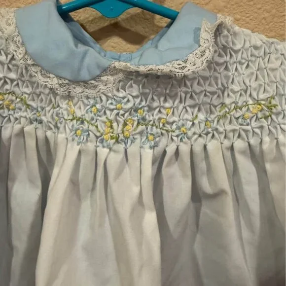 Vintage Cheruba Smocked Baby Dress Blue White-9months - Picture 3 of 3